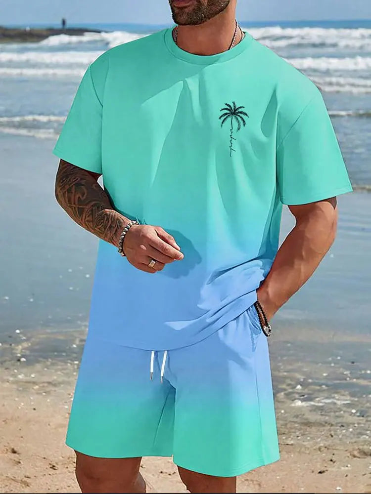 Summer Men's 2 Piece Set Hawaiian Fashion Casual Men's T-shirt Outdoor Beach Men's Shorts Palm Tree Print O-neck Short Sleeves