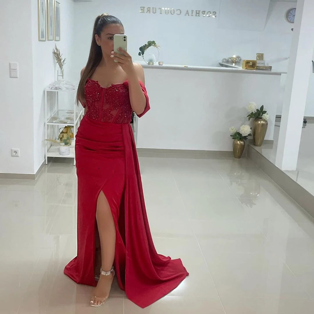 Thinyfull Sexy Prom Evening Dresses Long Off the Shoulder Party Dress Appliques High Split Cocktail Gown Saudi Arabia Customized