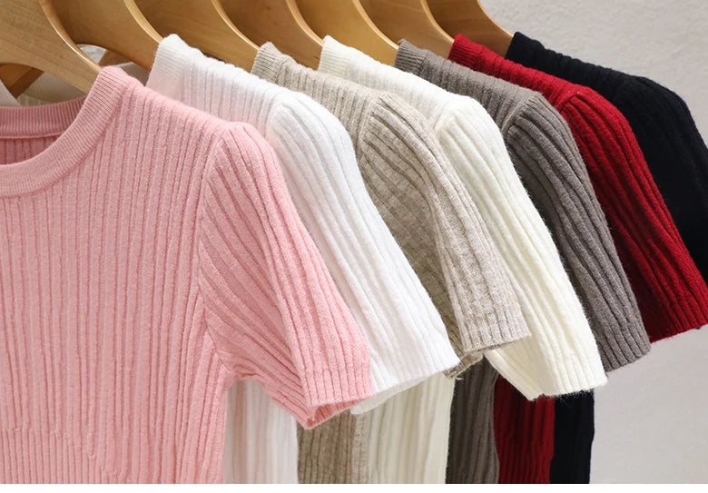 Summer T shirts for Women Casual Female Korean Knit Streetwear Tees Basic Solid Young Cool Tops