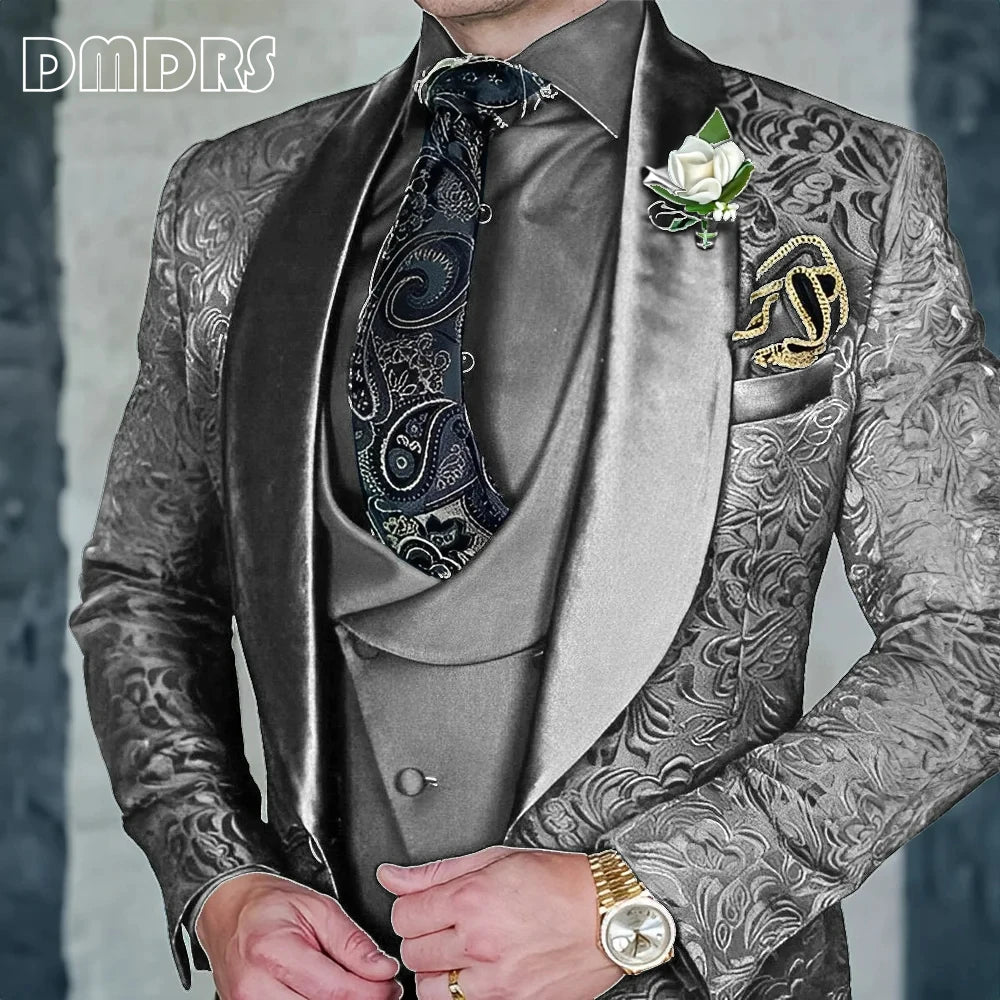 DMDRS | Jacquard Men's 3-piece Suit Set Formal Party Dress Groom's Tuxedo High Quality Elegant Men's Customized Outfit