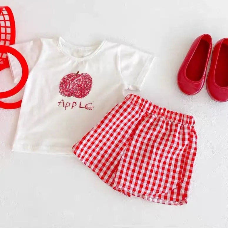 Fashion 2pcs Baby Girl's Short Sleeve Suit Fruit Print Sets Kids T-shirts +shorts Plaid Clothing Toddler Princess Girl Outfits