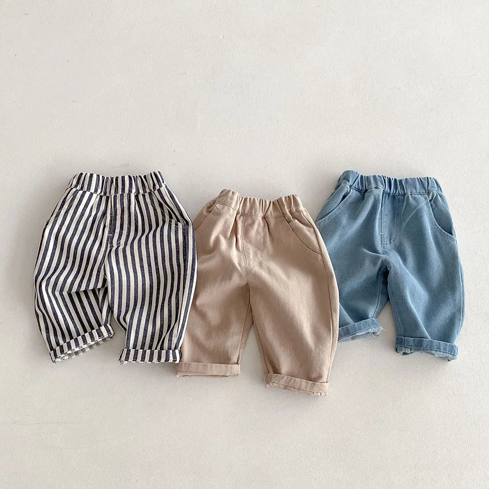 New Autumn Kids Tapped Casual Striped Pants 0-5T Girls Boys Fashion Stripe Trousers Children Solid Denim Jeans Britches