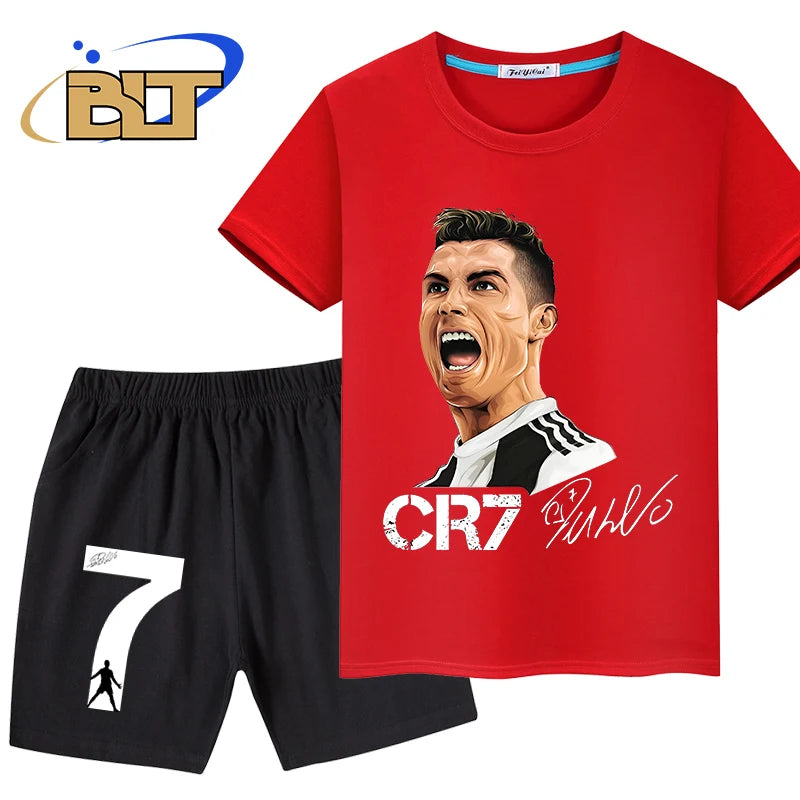 Ronaldo avatar printed children's clothing summer boys sports T-shirt suit casual shorts shorts 2-piece set