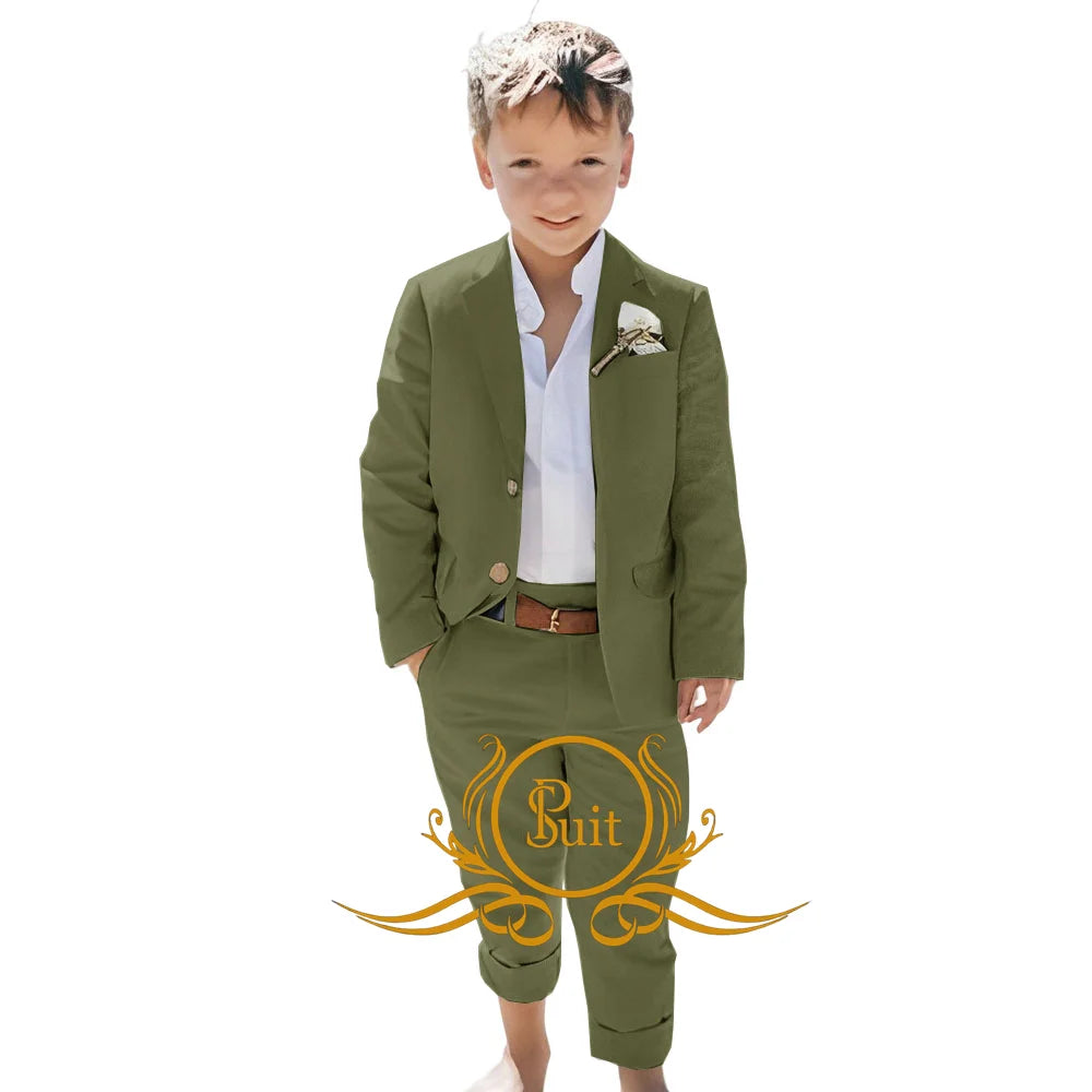 Solid Color Linen Suit Summer Beach Wedding Boy Suit Jacket Pants 2 Pieces Set Kids Linen Suit