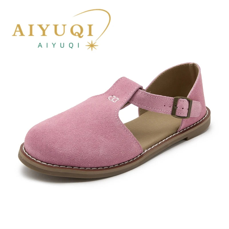 AIYUQI flat-soled retro frosted genuine leather women's sandals 2024 new hollow women's shoes Roman Baotou sandals for women