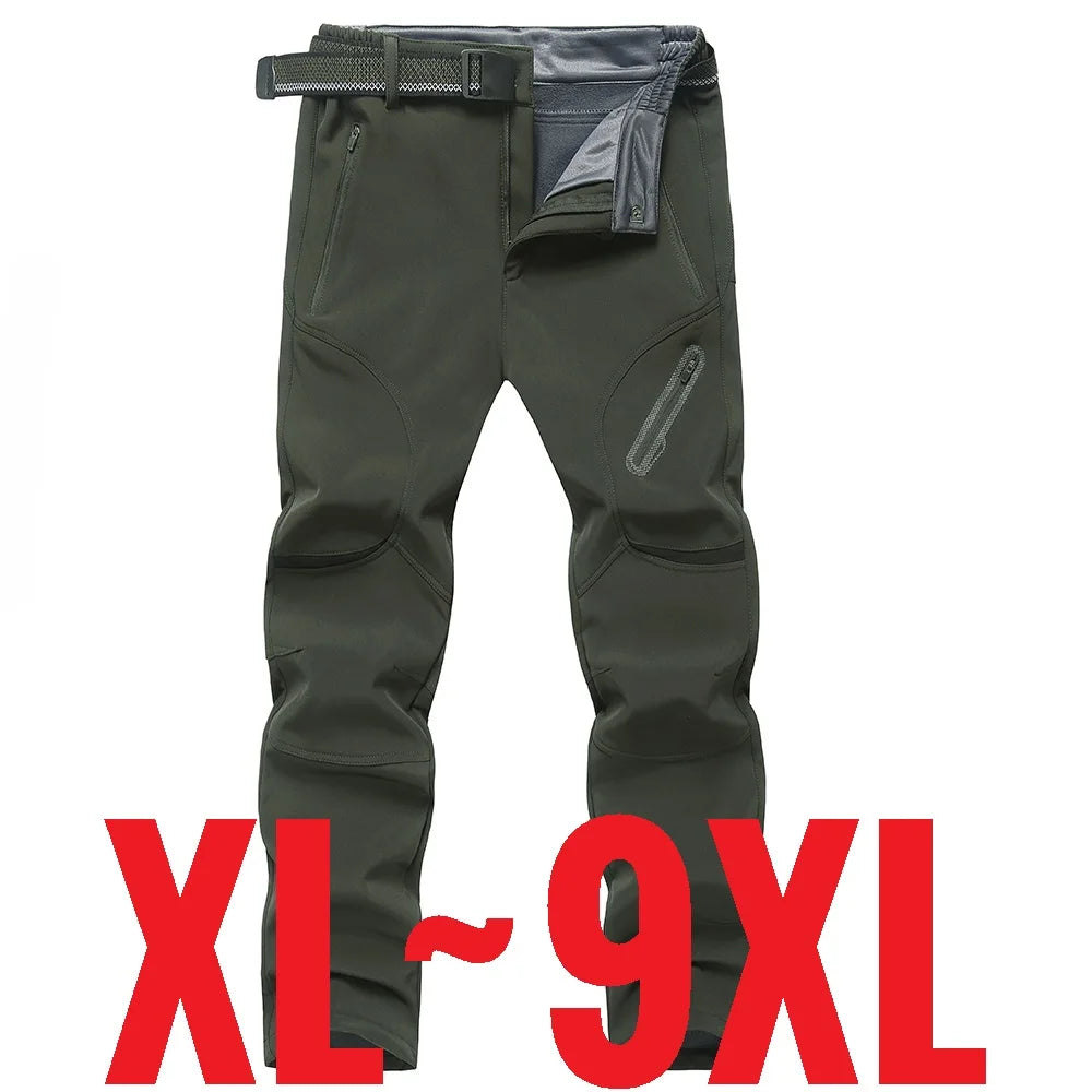 2025 Big Size Waterproof Pants Men Soft Shell Fleece Warm Trousers Male Outdoor Plus Large 9XL 4XL 8XL Work Winter Autumn Black