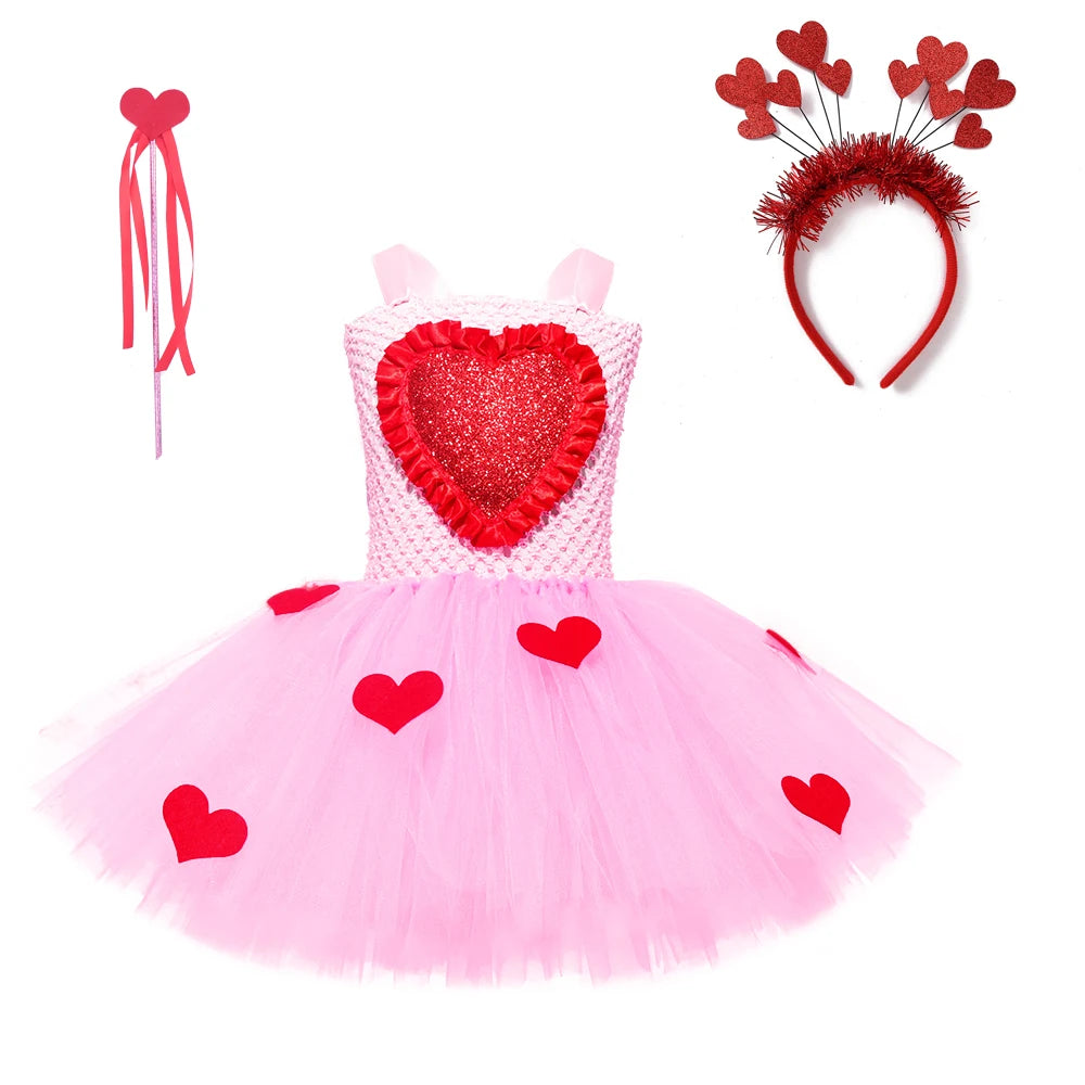 New Valentine's Day Girls Tutu Dress Princess Baby Birthday Cake Smash Tulle Dress Summer Love Heart Kids Carnival Party Dresses