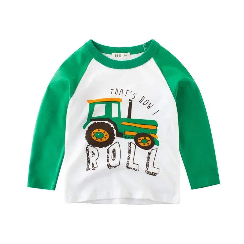 2025 Autumn T Shirt Cartoon Car T-shirt Boys Girls Baby Kids Clothes Cotton Long Sleeve Top for Boy Children's Clothing 2-9 Year