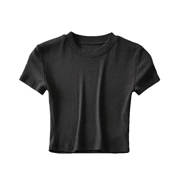 Women's Short Sleeve Crop Top Solid Slim Fit Crew Neck Tee Basic Skinny Ribbed Tight Athletic Casual Workout Yoga Tshirt