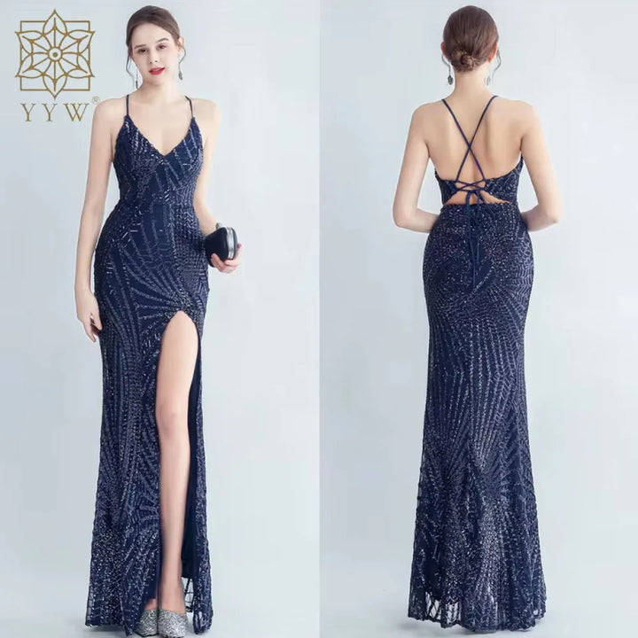 Backless Sexy Adjust Spaghetti Strap Women Mermaid Dress Evening Sequin Maxi Gala Gowns Celebration Formal Banquet Robe Wedding