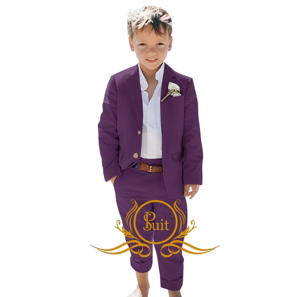 Solid Color Linen Suit Summer Beach Wedding Boy Suit Jacket Pants 2 Pieces Set Kids Linen Suit