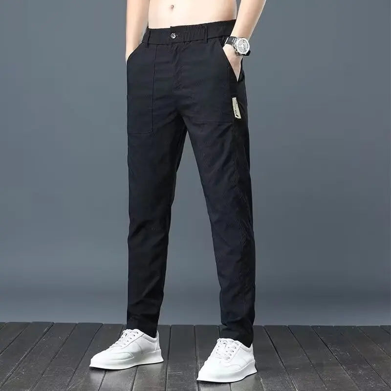 Men's casual pants, semi elastic waistband, nylon ice silk elastic straight tube, light gray, business gentleman, summer casual