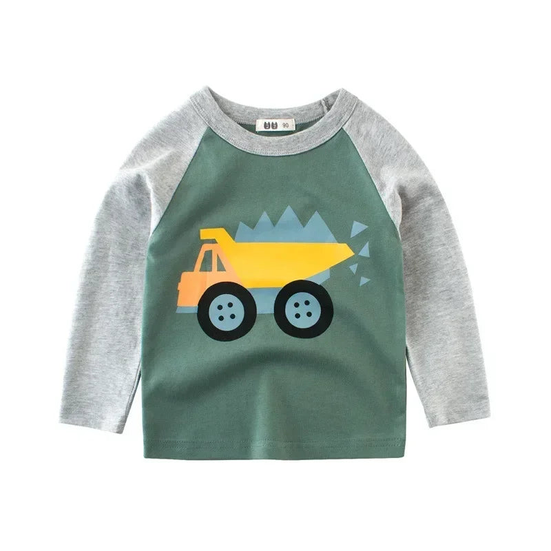 2025 Autumn T Shirt Cartoon Car T-shirt Boys Girls Baby Kids Clothes Cotton Long Sleeve Top for Boy Children's Clothing 2-9 Year