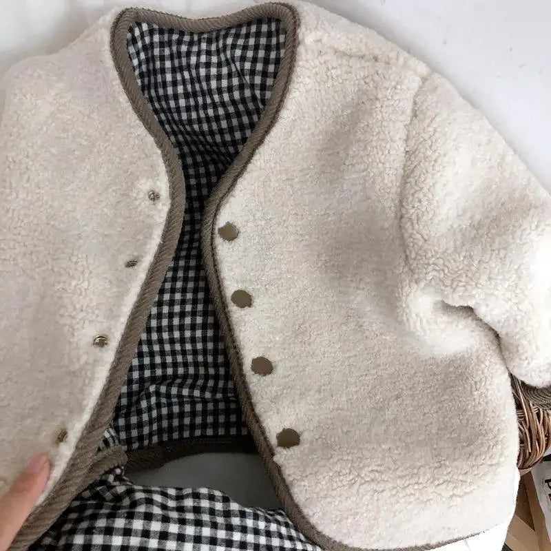 DGUKYM New Autumn and Winter Warm Jacket Children Two Sides Wear Plaid Plush Jacket Kids Jackets Winter Clothes for Girls