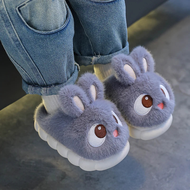 New Winter Cute Big eyed Rabbit Children's Waterproof Warm Non-slip Fluffy Slippers For Girls Boys Kids Indoor Home Cotton Shoes