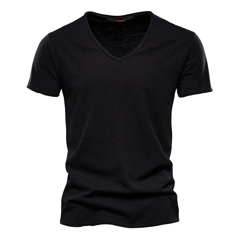 AIOPESON 100% Cotton Men T-shirt V-neck Fashion Design Slim Fit Soild T-shirts Male Tops Tees Short Sleeve T Shirt For Men