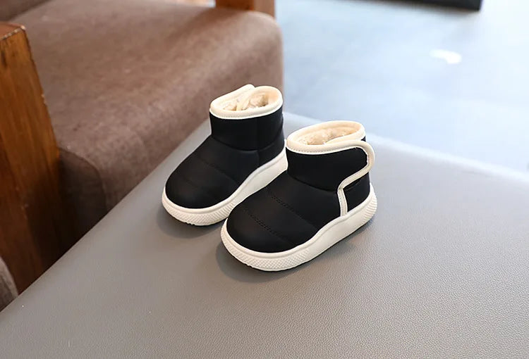 Children Short Boots Hook & Loop Kids Casual Leather Boots Non-slip Boys Girls Thick Warm Plush Fur Boots Simple 2024 Winter New