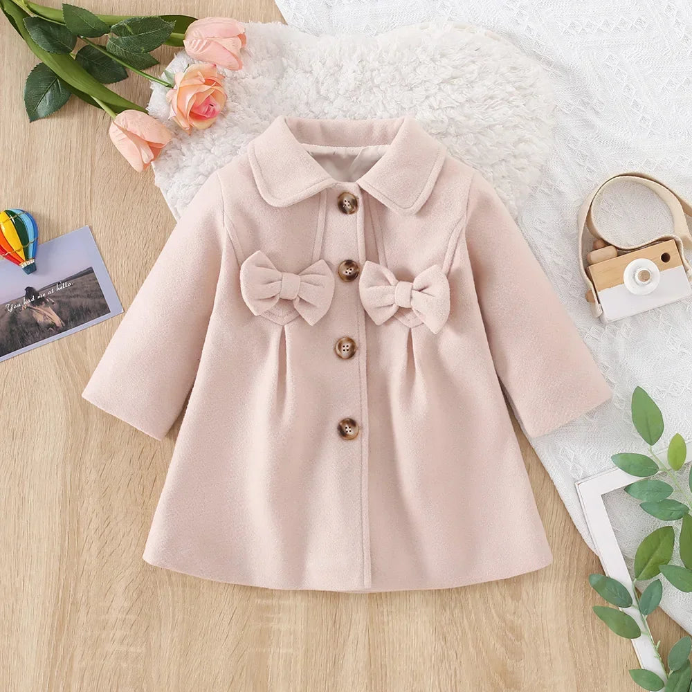 Winter New Girls Sweater Coat Solid Color Bow Trench Coat Coat All Fashion Warm Coat Button Long Thick Coat