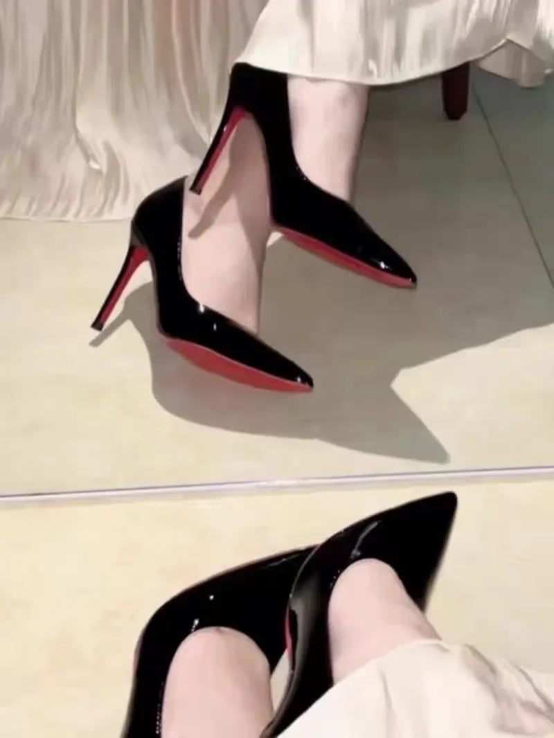 Black Patent Leather Pointed Toe Red Rubber Sole Women's High Heels Party Shoes Sexy Women's Dress Stilettos 2025