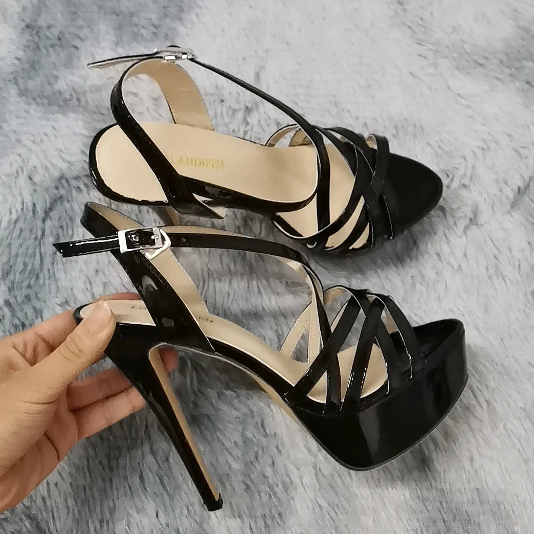 LOSLANDIFEN 2025 NEW 14CM Platform High Heels Sandals Sexy Ankle Strap Open Toe Gladiator Party Dress Women Shoes Plus Size 44