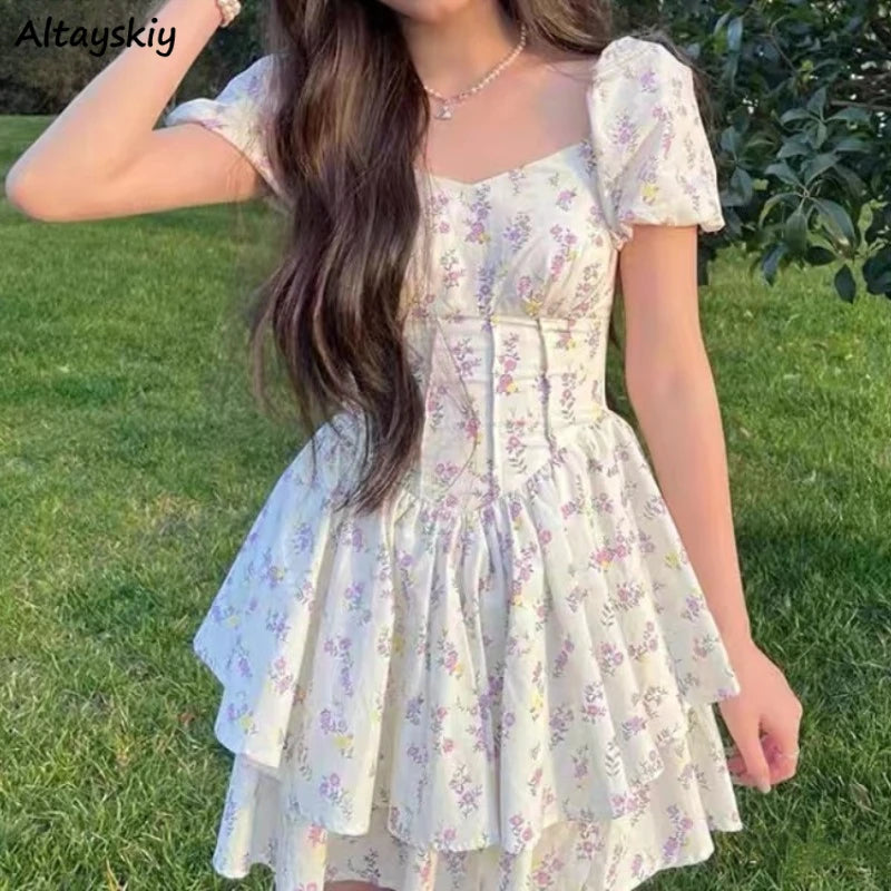 Preppy Style Dresses for Women Lovely Girls Fashion Floral Design Mini Sweet Chic Korean Young Summer Clothing All-match Casual