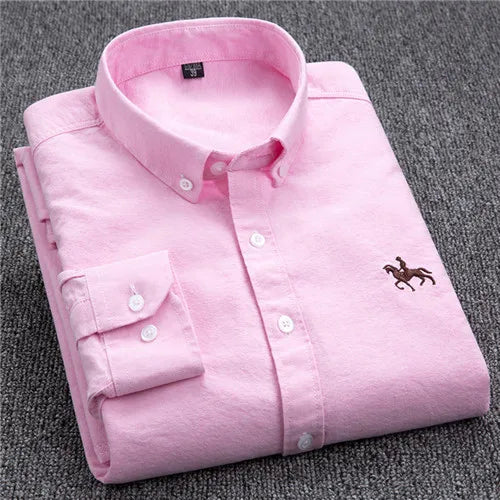 S-6XL Oxford Shirts for Men Long Sleeve Pure Cotton Solid Stripe Leisure Embroidered Horse Streetwear Business Plain Office 6XL