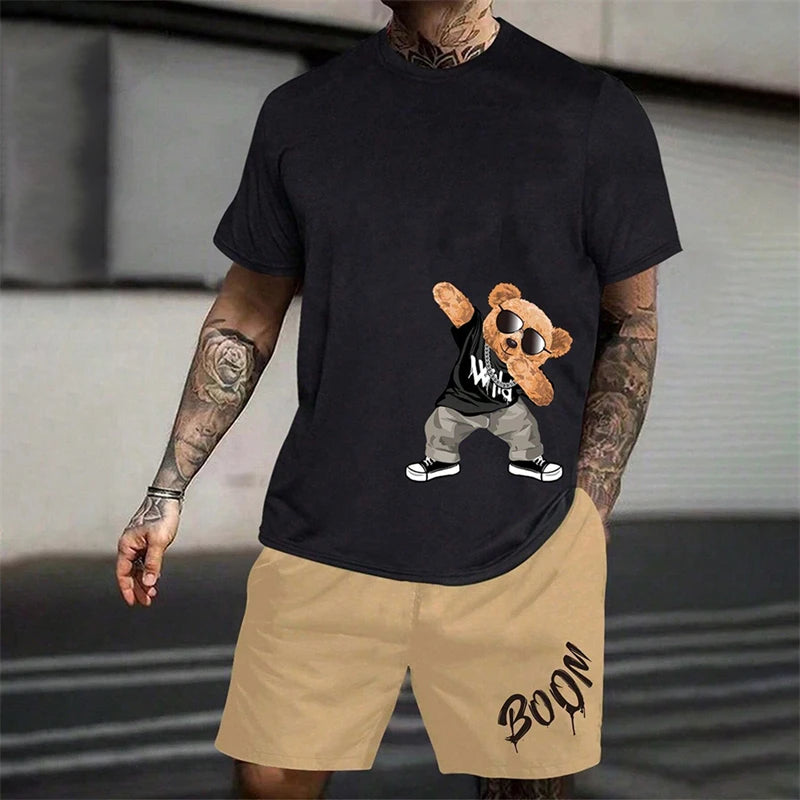 2025 Fun Bear Harajuku T-Shirt Men's Summer Loose Daily Couple Suit Outdoor Street Short Sleeve Shorts Two Piece Men Summer Suit