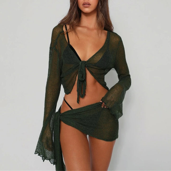 Womens 2 Piece See Through Mesh Beach Swimsuit Cover Up Set Sheer Flared Long Sleeve Crop Top and Side Tie Mini Skirt