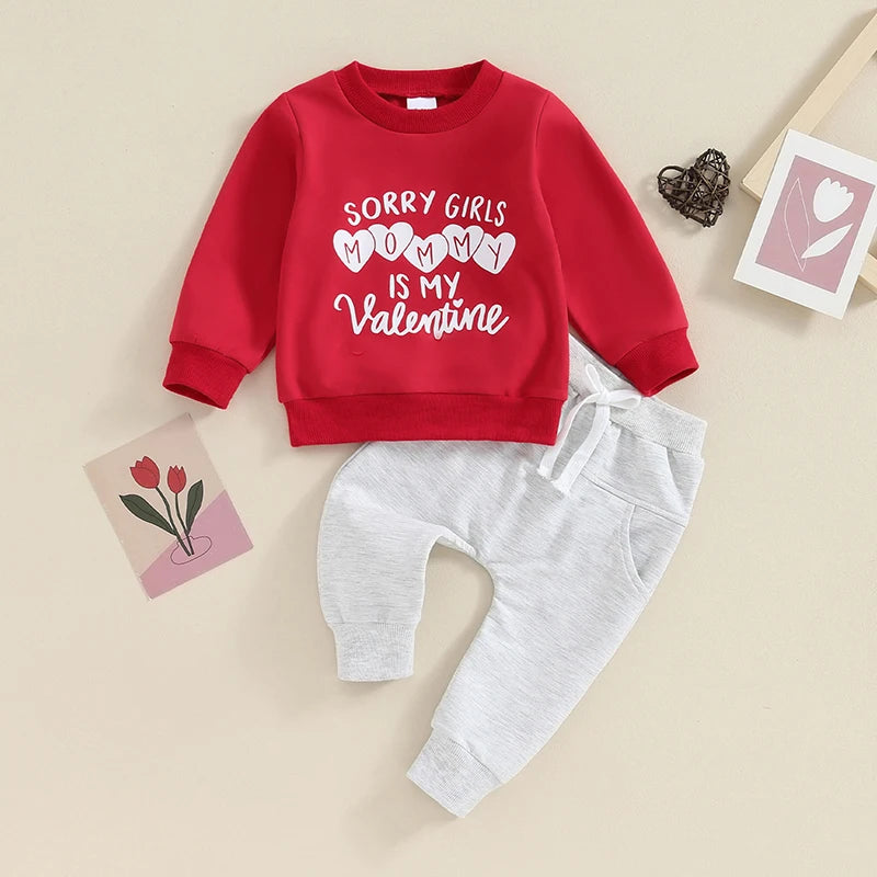 Toddler Valentine s Day Clothing Set with Heart Print Long Sleeve Top and Elastic Waist Pants for Baby Boy s Fall Outfits