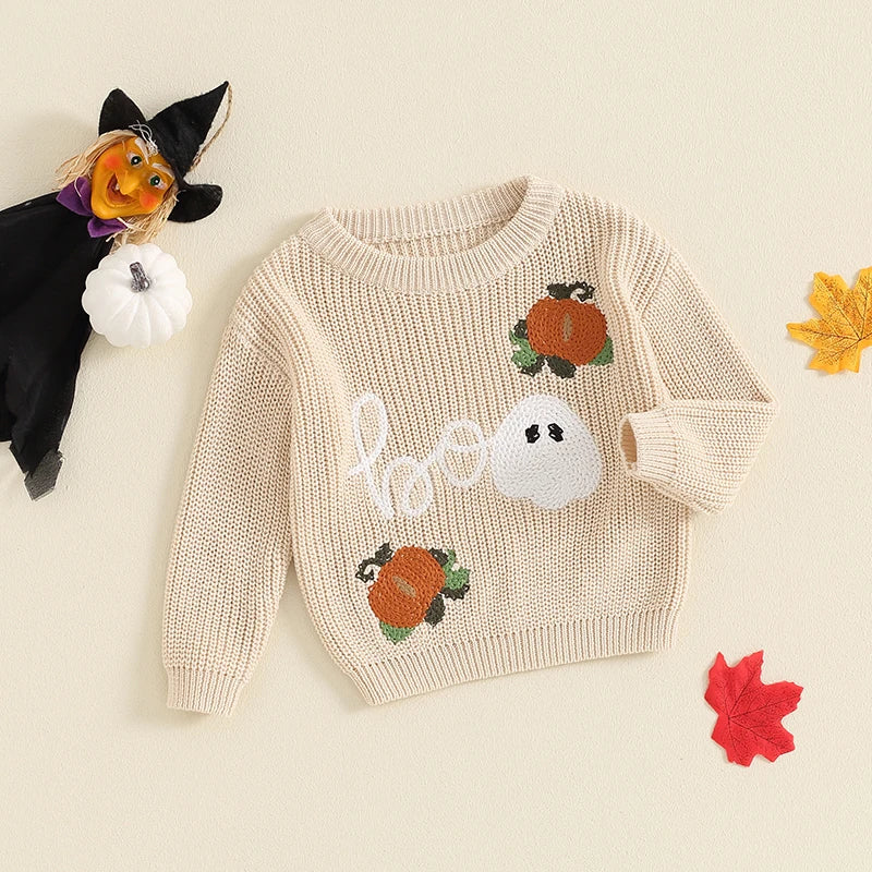 2024-05-21 Lioraitiin Toddler Boys Girls Halloween Sweater Witch Pumpkin Letter Ghost Long Sleeve Round Neck Knitted Pullover