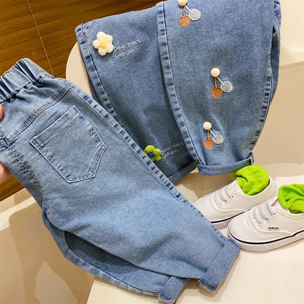 Ambroidered Flower Girl Jeans Baby Boy Kids Jeans Girl Pants Daduhey Wide Leg Pants Harem Trousers Clothes Bottoms