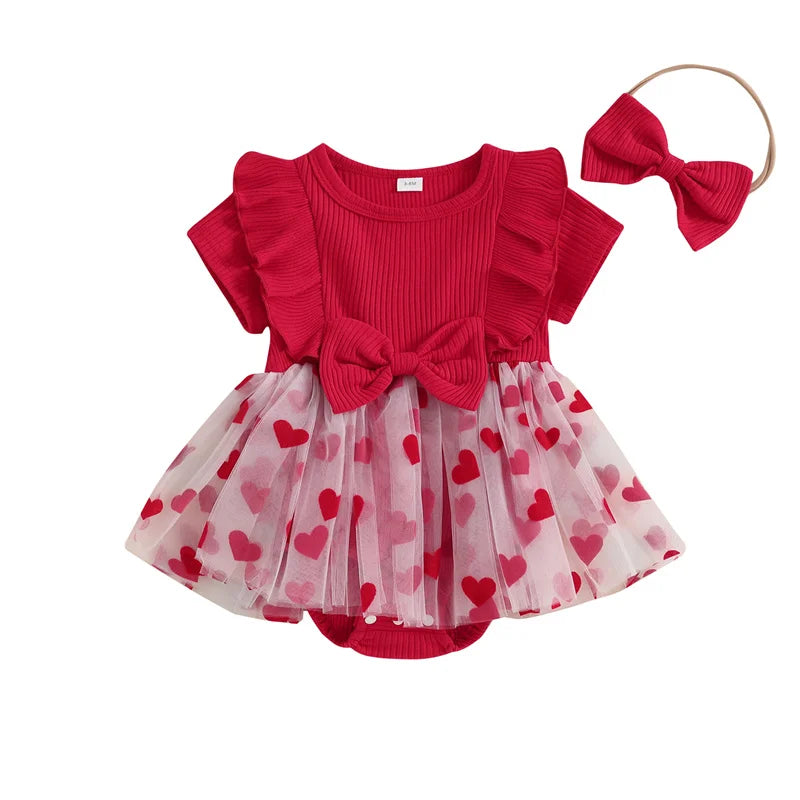 Cathery Kids Baby Girls Valentine's Day Rompers Dress Short Sleeve Heart Print Tulle Tutu Skirts Jumpsuit with Bow Headband 2025