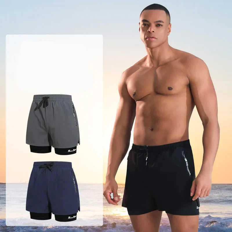 Men's Swim Trunks Double-layer Flat Angle Adult Quick-drying Anti-embarrassment Swim Trunks Beach Pants Spa Swimming Kit