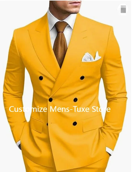 High Quality Brown Men's Suits Double Breasted Bespoke Double Breasted Peaked Lapel Formal Blazer Slim Fit 2 Piece Jacket Pants