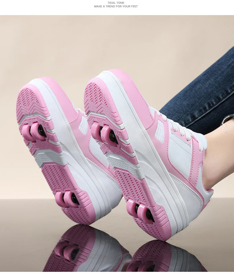 Four wheel roller shoes Boys girls walking shoes Casual outdoor sports slide and shrink school students pulleys shoes sneakers