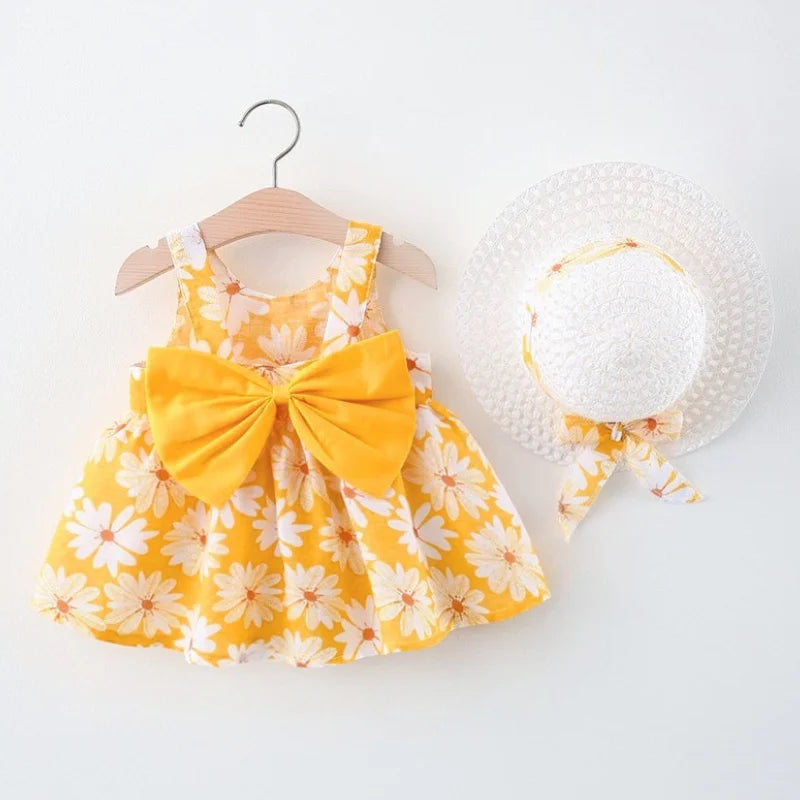 Toddler Girl Outfit Korean Style Dress For Baby Girl Cute Flower Printed Bow Dress Send Hat