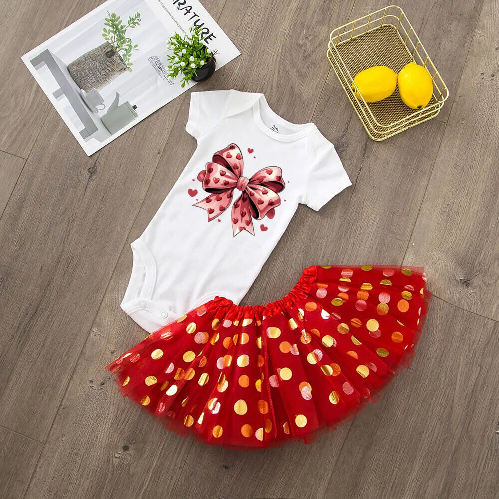 Mommy and Daddy Little Valentine's Day Printed Baby Bodysuit Dress Set Infant Valentine Party Girls  Holiday Romper Tutu Skirt