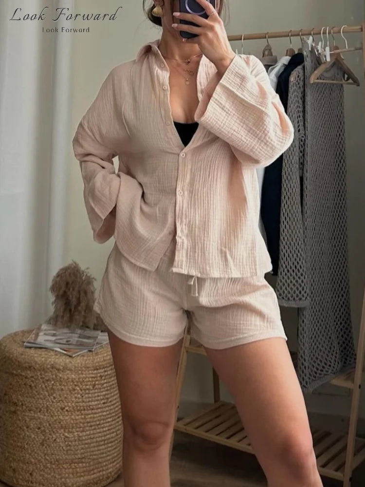 Casual Shirt Shorts Suit Women Lapel Oversize Top Lace Up Wide Leg Lady Pants Set Spring Single Breasted Full Sleeve Female