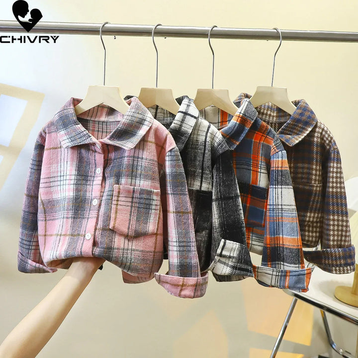 Boys Classic Plaid Striped Shirts Coat New 2024 Spring Autumn Vintage Kids Baby Long Sleeve Lapel Casual Shirt Tops Clothing