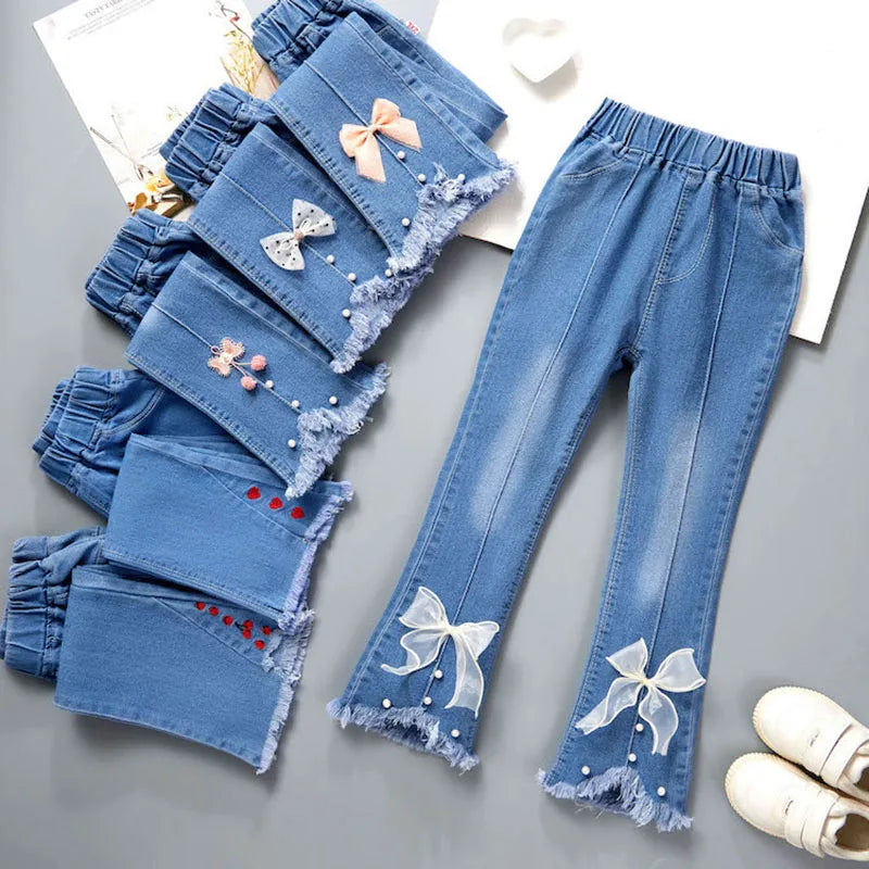 2024 New Autumn Elastic Kids Jeans Girls Cute Leisure Bow Denim Blue Children Flared Pants teenage Girl Clothes Trousers 3-12Y