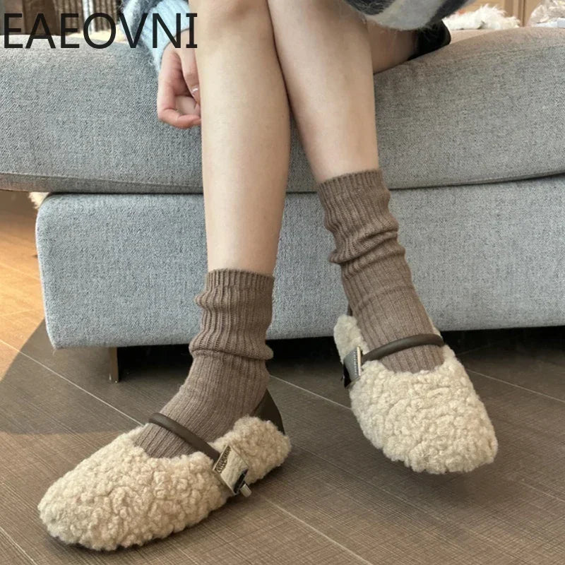 Spring Women Warm Cotton Flat Shoes Fashion Round Toe Shallow Slip On Ladies Ballerinas Shoes Soft Casual Outdoor Laofer Shoes