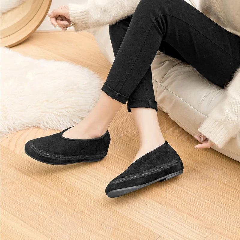 AIYUQI Winter Flat Shoes Women 2024 New Wool Lining Warm Women Snow Shoes Genuine Leather Comfortable Female Winter Ballet Shoes