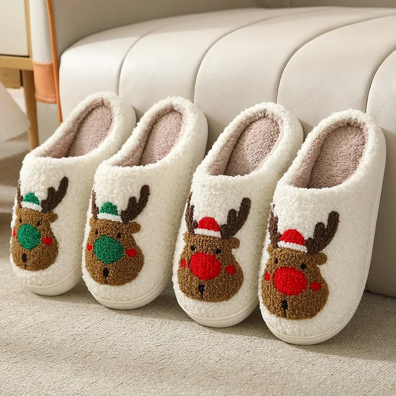 Christmas Elk Cotton Slippers for Women Men Winter Cute Cartoon Home Non Slip Couple Floor Slides Indoor Plush Shoes 20