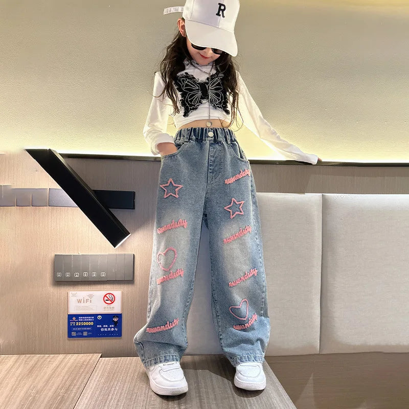 Girls School Wide Leg Pants with Heart Star Design Casual Loose 2024 Kids Fashion Long Jeans Children Korean Style Trousers