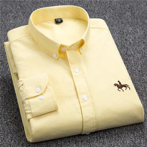 S-6XL Oxford Shirts for Men Long Sleeve Pure Cotton Solid Stripe Leisure Embroidered Horse Streetwear Business Plain Office 6XL