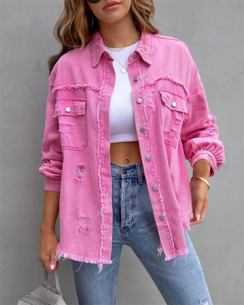 2023 Holes Raw-edges Denim Jacket Women Spring Autumn Shirt Style Jeancoat Casual Top Rose-Red Orange Purple Outerwear Lady Coat