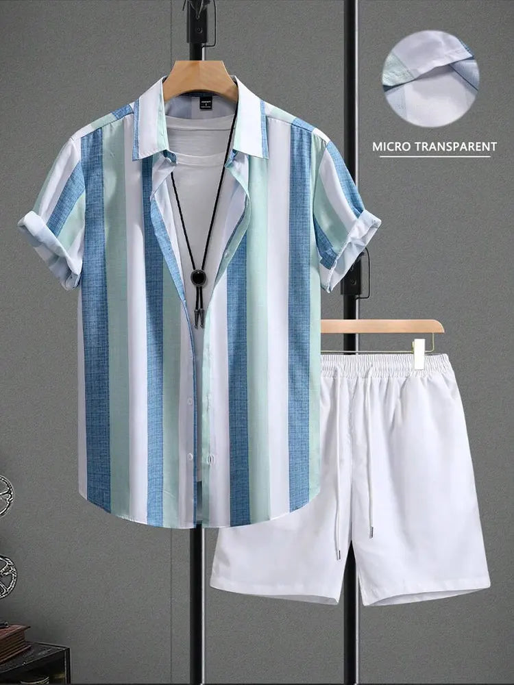 New Palm Leaf Print Men's Casual Shirt Hawaiian Men's Beach Shorts Summer Everyday Short-sleeved Shirt And Sports Shorts Set