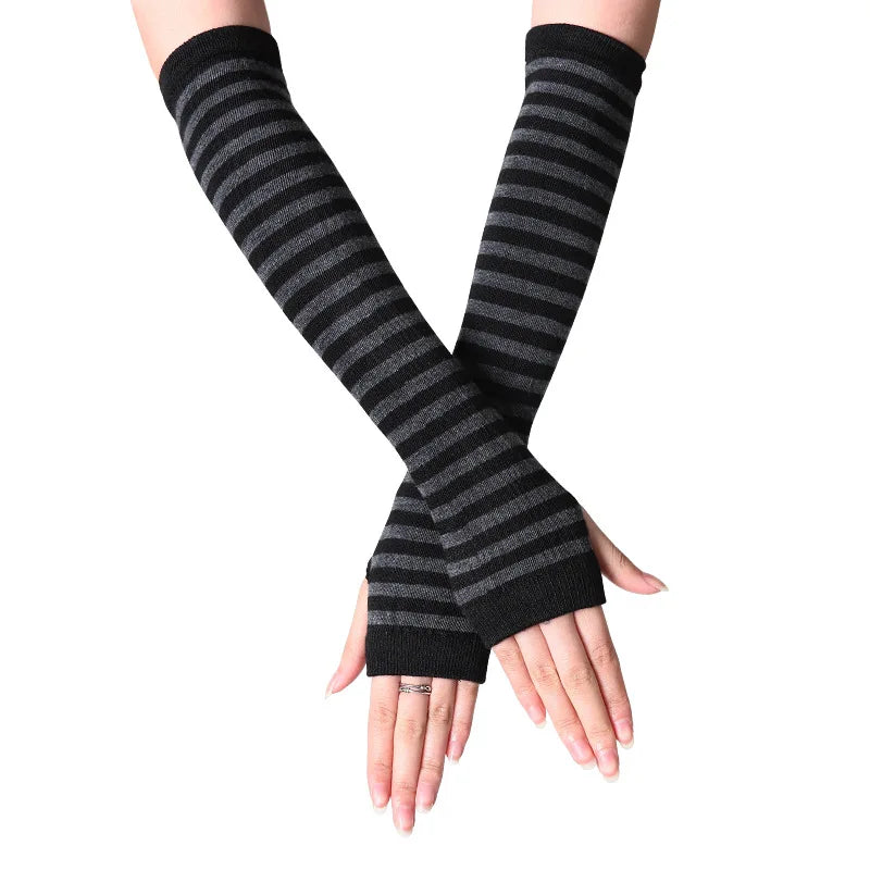 Y2K Fashion Women Girls Striped Elbow Gloves Warmer Knitted Long Fingerless Gloves