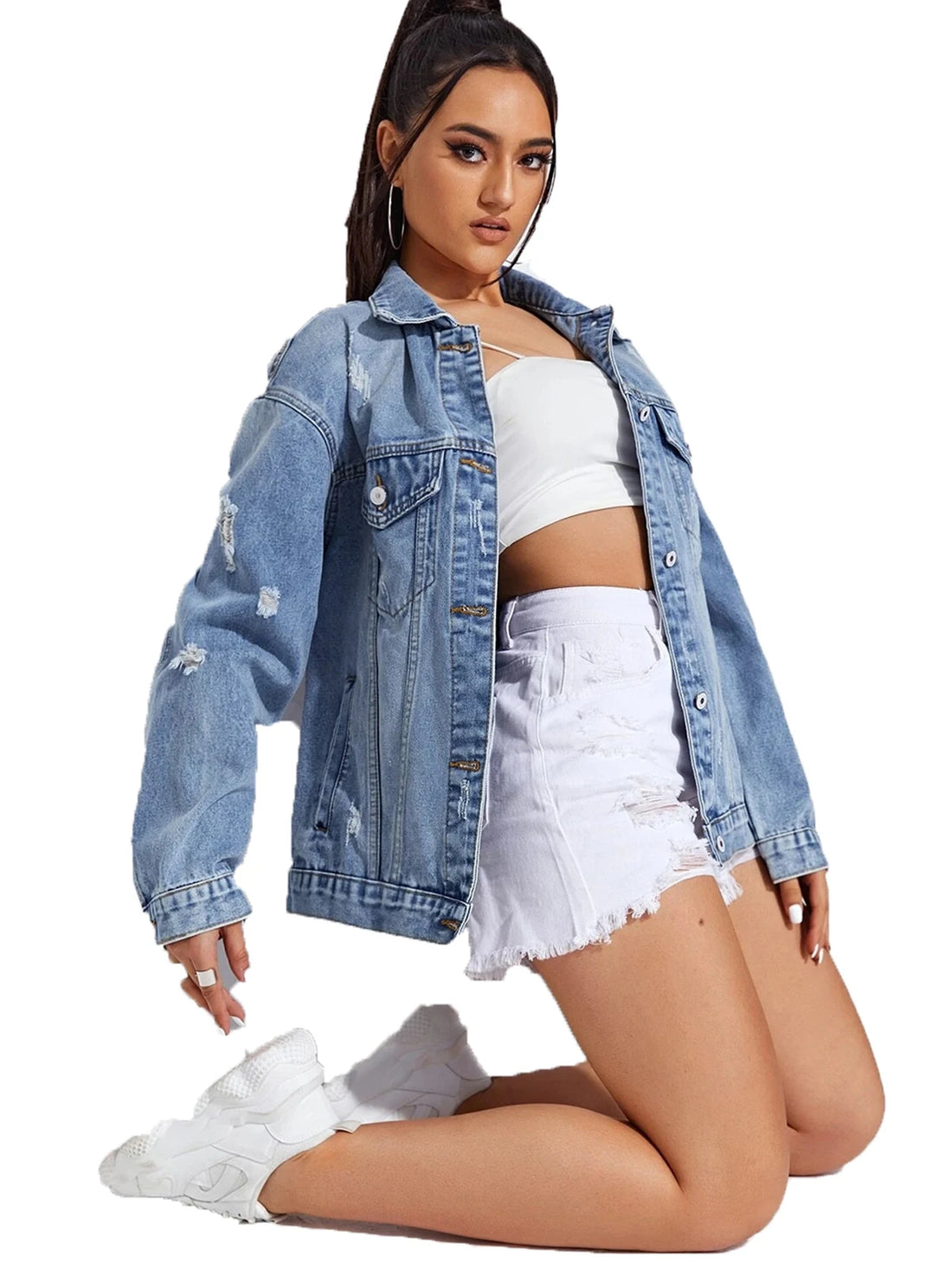 Women Jean Jacket Button Down Long Sleeve Denim Jackets With Pockets