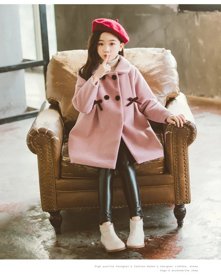 New Winter Teenager Girls Long Jackets Toddler Kids Outerwear Clothes Casual Children Keep Warm Woolen Trench Coat 3-12 Years